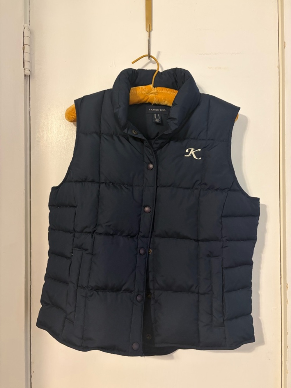 Lands' End Navy Quilted Girls' Puffer Vest with Initial K